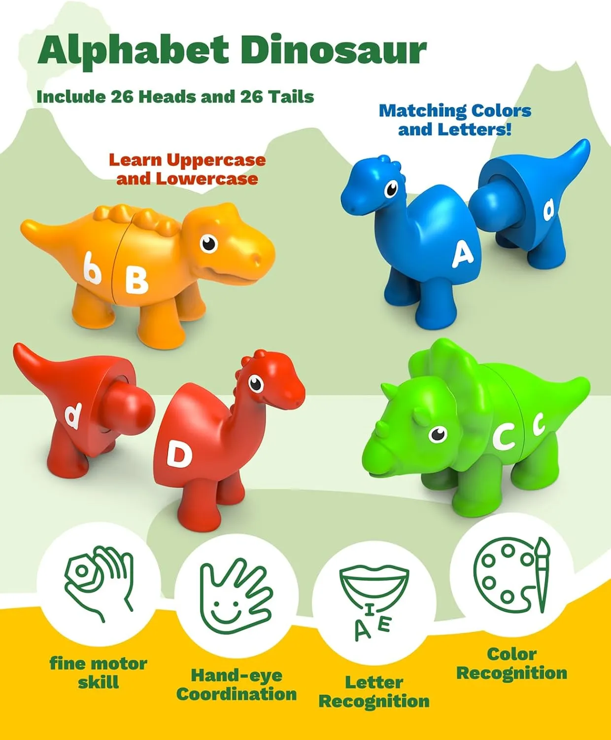26PCS Dinosaur Alphabet Learning Toys for Toddlers 2-4 Year Old, Montessori Double-Sided ABC Matching Game, Fine Motor Skills Preschool Activities Educational Gifts for Boys & Girls