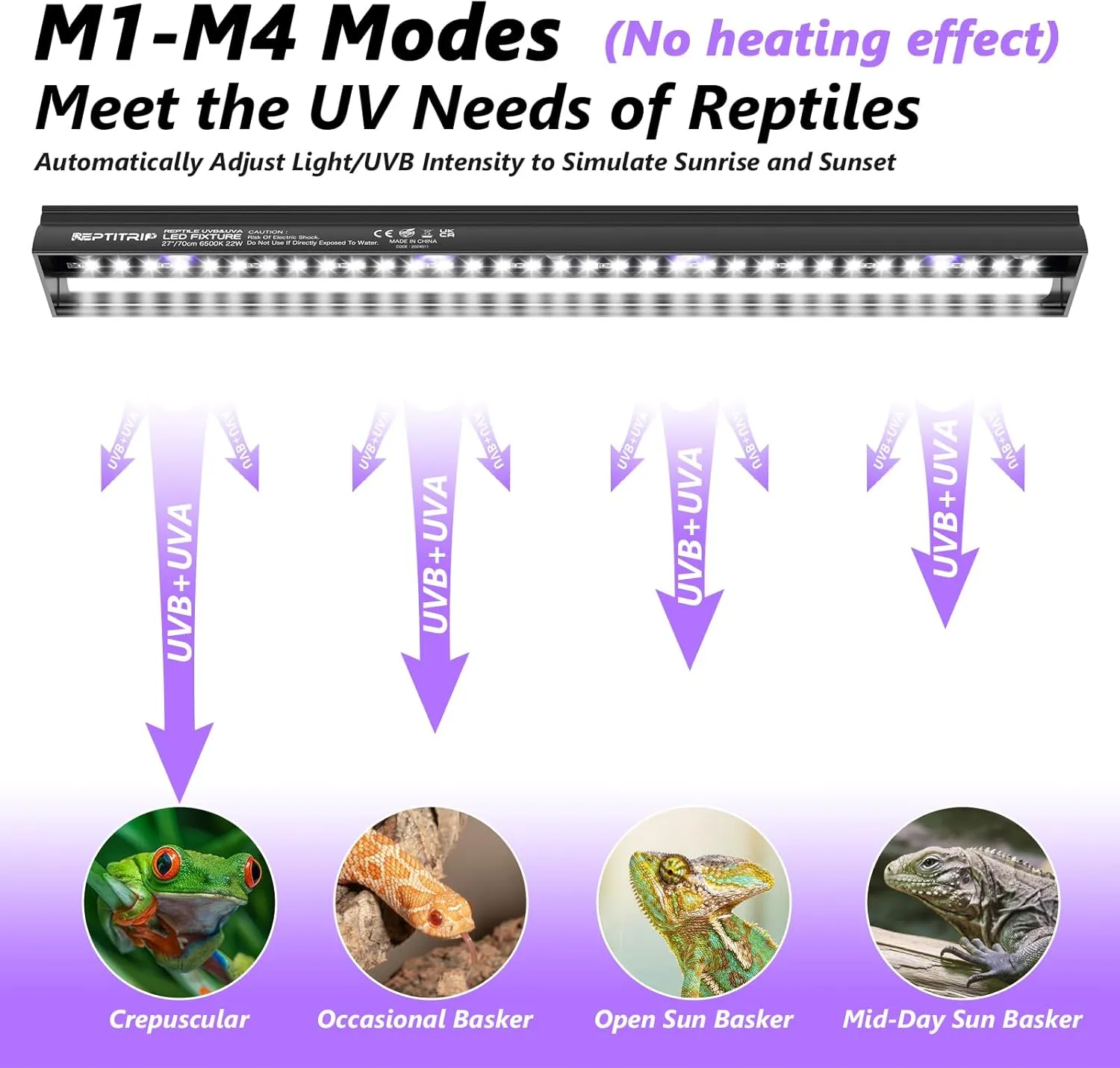 27-INCH LED UVB Light for Reptiles, LED Reptile Light Fixture Controller with Dimming and 4 UVI Modes, 22W Aluminum UVA UVB Lamp for Turtles, Snakes, and Bearded Dragons, 6500K