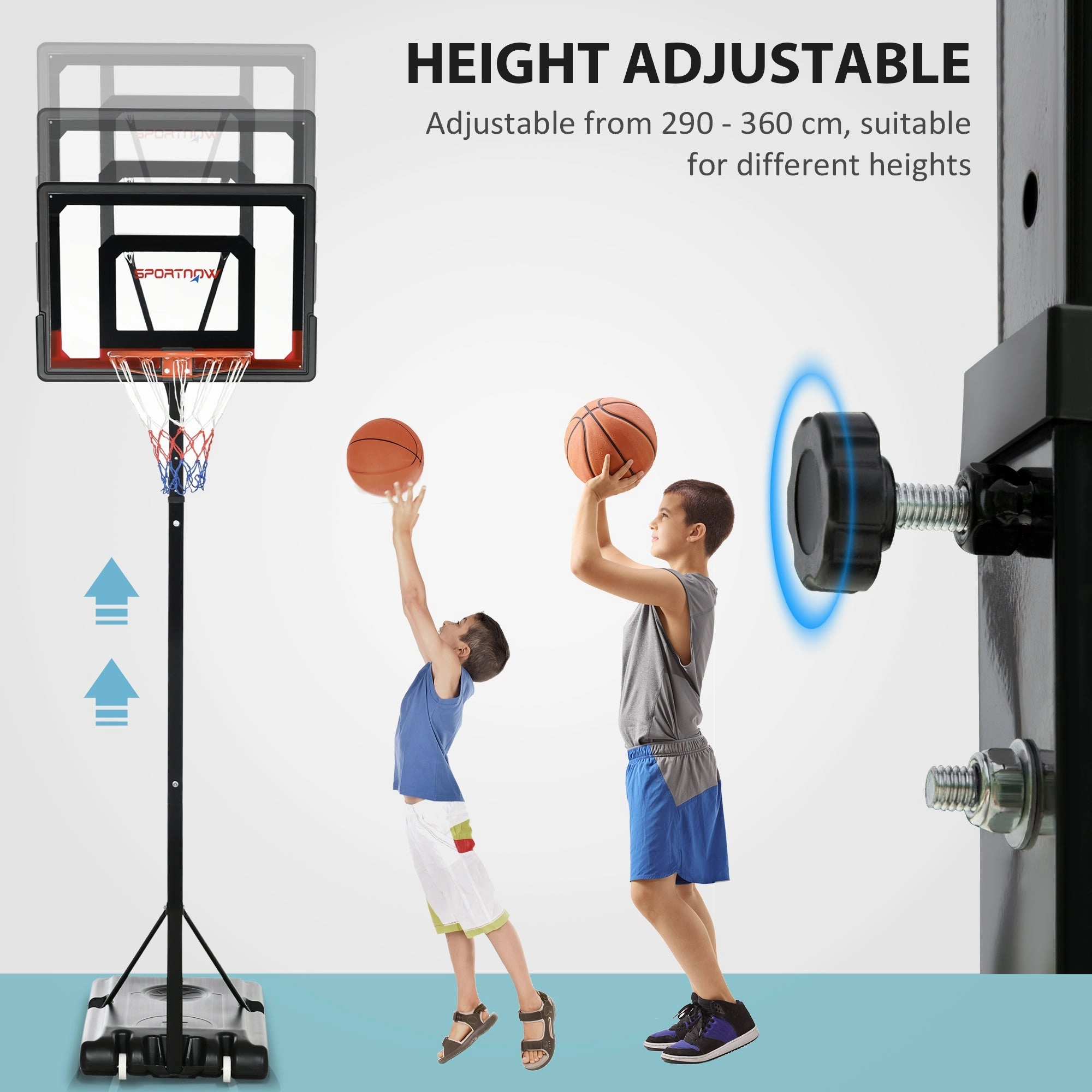 2.1 to 2.6M Adjustable Free Standing Basketball Hoop Weighted Base With Transit Wheels Black & Red by Sportnow