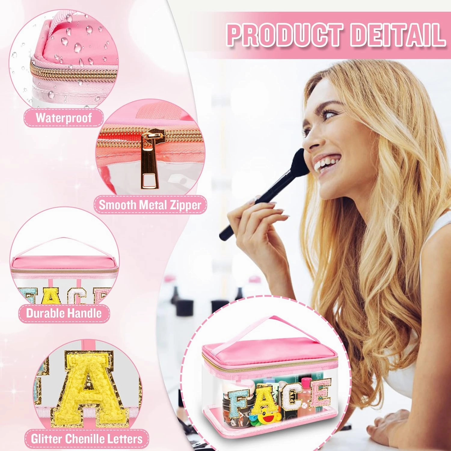 2 Pcs Chenille Letter Clear Makeup Bags FaceHair Pouch, Preppy Patch Travel Face Bag Zipper with Handle, Travel Hair Bags for Hair Stuff Waterproof Cosmetic Toiletry Storage for Women Girl(HAIR FACE)