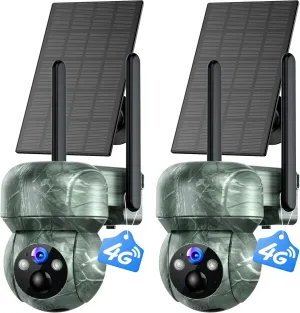 2Pack 4G LTE Cellular Trail Camera Solar: 2K Game Cameras Built-in SIM Card Hunting Cameras Wireless Battery with PTZ 360° Live View & Playback Color Night Vision Motion Activated IP66 for Wildlife