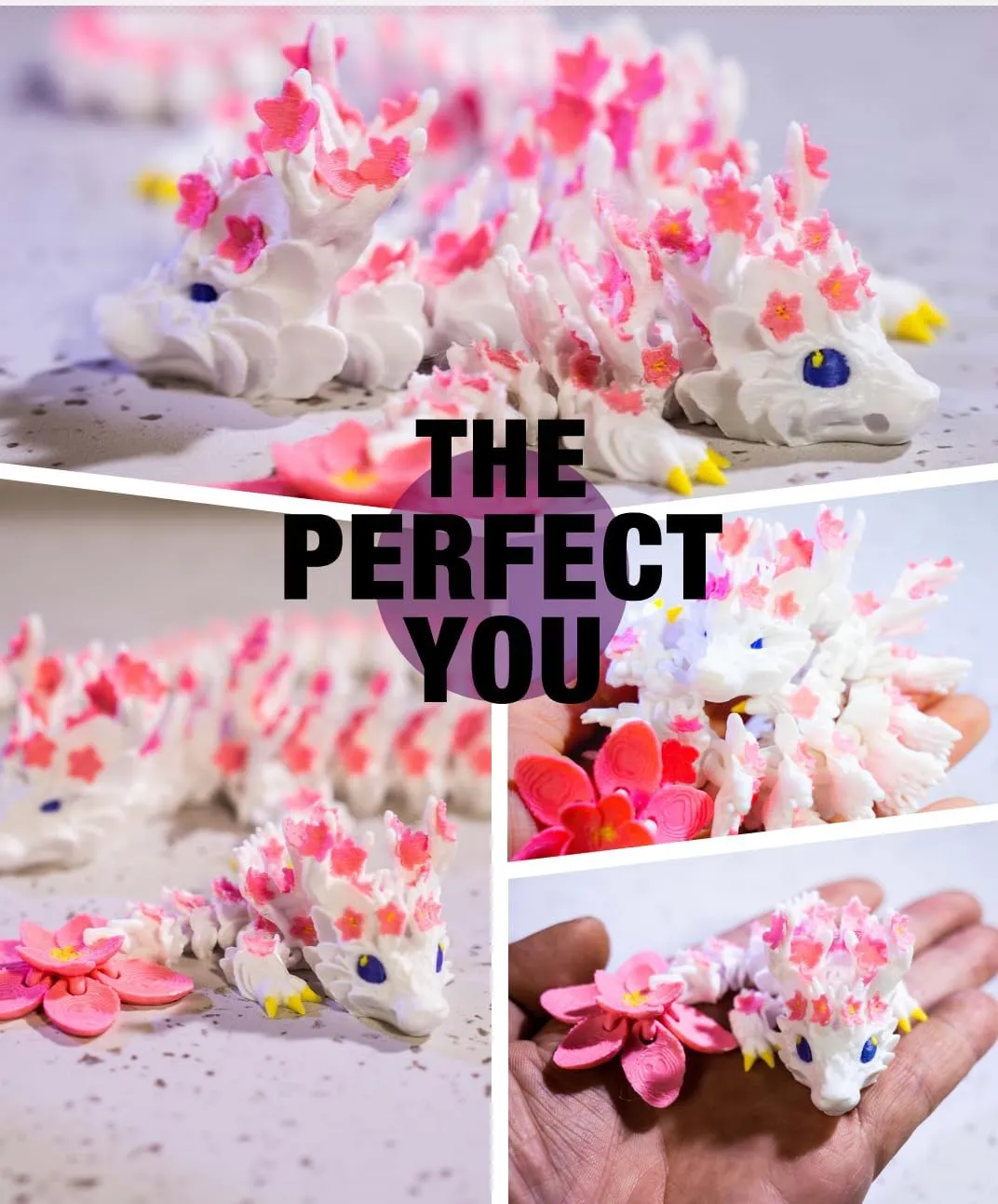 2PCS 3D Printed Cherry Blossom Dragon,15 &4.3 in Realistic Articulated Dragon Fidget Toy 3D Printed Animals Desk Décor and Collectible Desk Fidgets for Adults