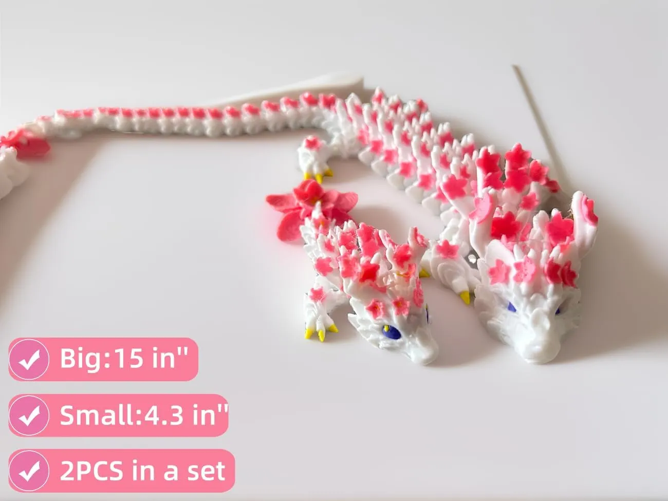 2PCS 3D Printed Cherry Blossom Dragon,15 &4.3 in Realistic Articulated Dragon Fidget Toy 3D Printed Animals Desk Décor and Collectible Desk Fidgets for Adults