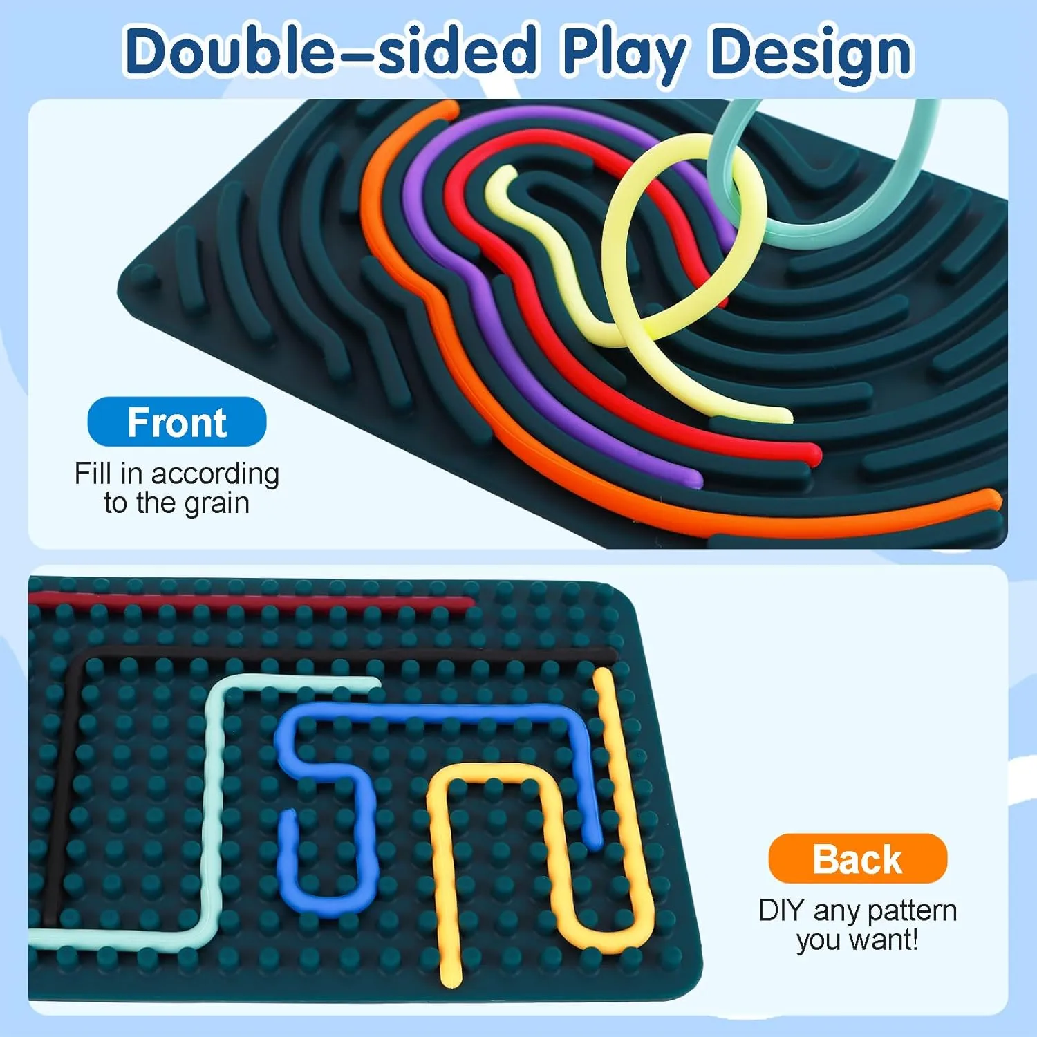 2PCS Sensory Activity Board, Silicone Fidget Toys for Anxiety, ADHD, Autism Stress Relief | Kids 3  & Adults | Portable Travel Bag & 20 Strings, Dark Green & Blue