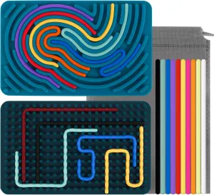 2PCS Sensory Activity Board, Silicone Fidget Toys for Anxiety, ADHD, Autism Stress Relief | Kids 3  & Adults | Portable Travel Bag & 20 Strings, Dark Green & Blue