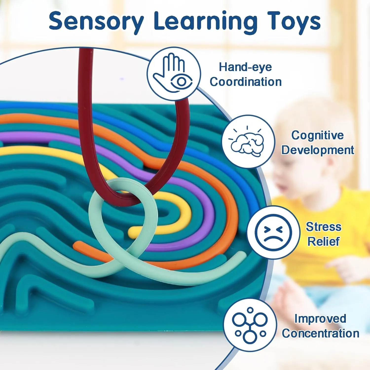 2PCS Sensory Activity Board, Silicone Fidget Toys for Anxiety, ADHD, Autism Stress Relief | Kids 3  & Adults | Portable Travel Bag & 20 Strings, Dark Green & Blue