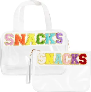 2Pcs Snack Bags Clear Chenille Letter Makeup Bag for Travel,Clear Zipper Snack Pouch PU leather Travel Toiletry Bag Cosmetic Pouch for Women and Girls (Big Small