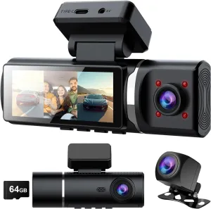 3 Channel Dash Cam 4K - 3.2”IPS 3 Channel Dash Cam Front and Rear Inside APP Control|Loop Recording|G-Sensor|Parking Mode|Night Vision|Free 64GB SD Card