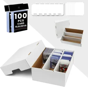 3-Row 2100-Count Card Boxes For Sports Cards,Card Storage Box With 100 Soft Sleeves,16 Dividers,6 Support Bars,Case Box Fit for 35pt Magnetic Holders,3x4"toploaders,Adjustable partition space (2PACK)