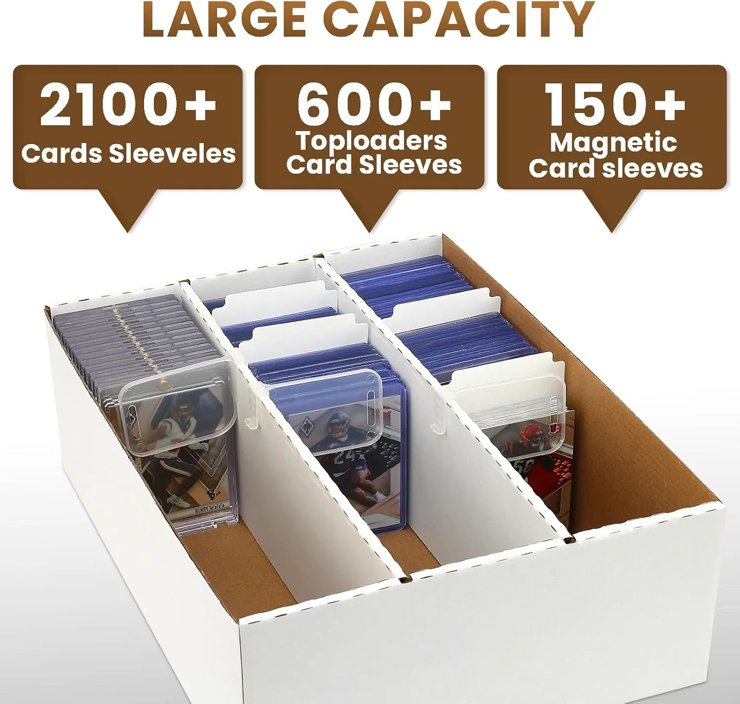 3-Row 2100-Count Card Boxes For Sports Cards,Card Storage Box With 100 Soft Sleeves,16 Dividers,6 Support Bars,Case Box Fit for 35pt Magnetic Holders,3x4"toploaders,Adjustable partition space (2PACK)
