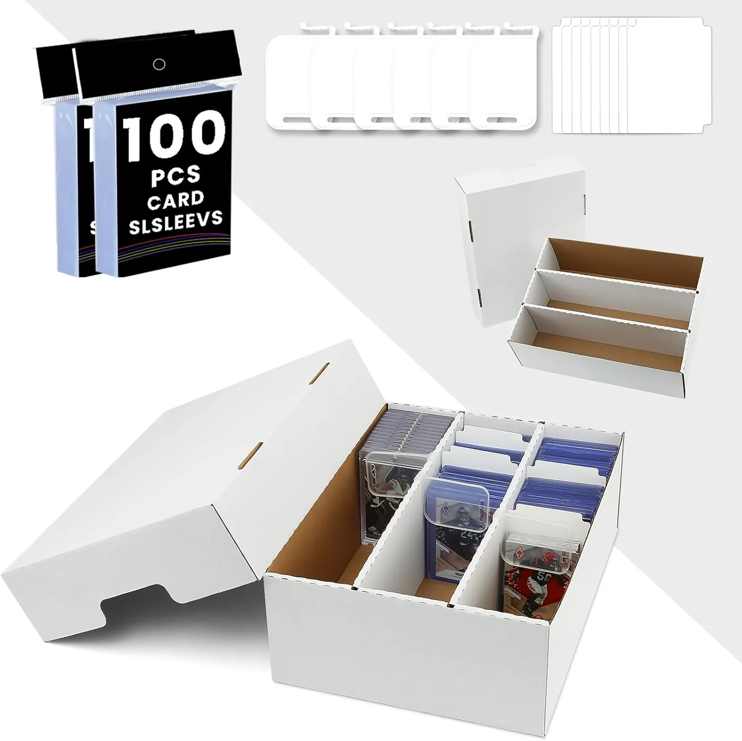 3-Row 2100-Count Card Boxes For Sports Cards,Card Storage Box With 100 Soft Sleeves,16 Dividers,6 Support Bars,Case Box Fit for 35pt Magnetic Holders,3x4"toploaders,Adjustable partition space (2PACK)