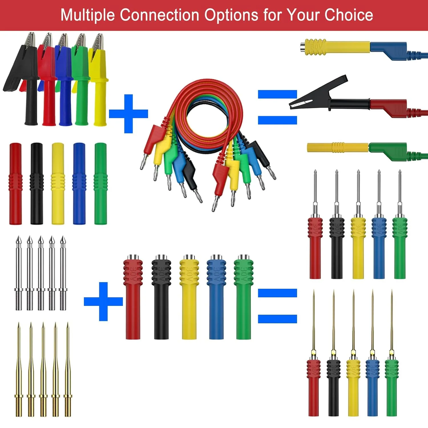 30 Pcs Banana Plug Silicone Test Leads Kit, 4mm Stackable Banana Plug with Threading Probe, Alligator Clips, Probe Holder, Connection Hose ，Automotive Test Leads for Multimeter