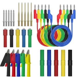 30 Pcs Banana Plug Silicone Test Leads Kit, 4mm Stackable Banana Plug with Threading Probe, Alligator Clips, Probe Holder, Connection Hose ，Automotive Test Leads for Multimeter
