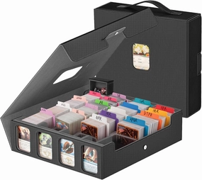 3200  Trading Card Storage Box with Commander Display, 4-Row Card Deck Box with Portable Handle, Compatible for YuGiOh/MTG/TCG Cards, 30 Colorful Divider, 8 Supporters, 1 Dice Tray (Black & Grey)