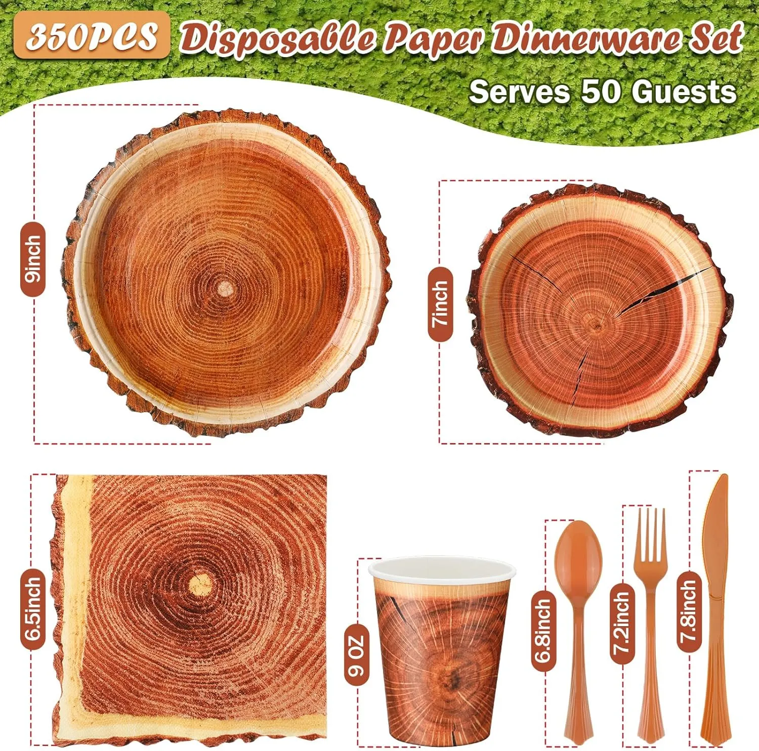 350 Pcs Camping Wood Grain Slice Tableware for 50 Guests Rustic Camo Hunter Plates Disposable Napkins Cups Plates Cutlery Hunting Plastic Knives Fork Spoon for Camping Party