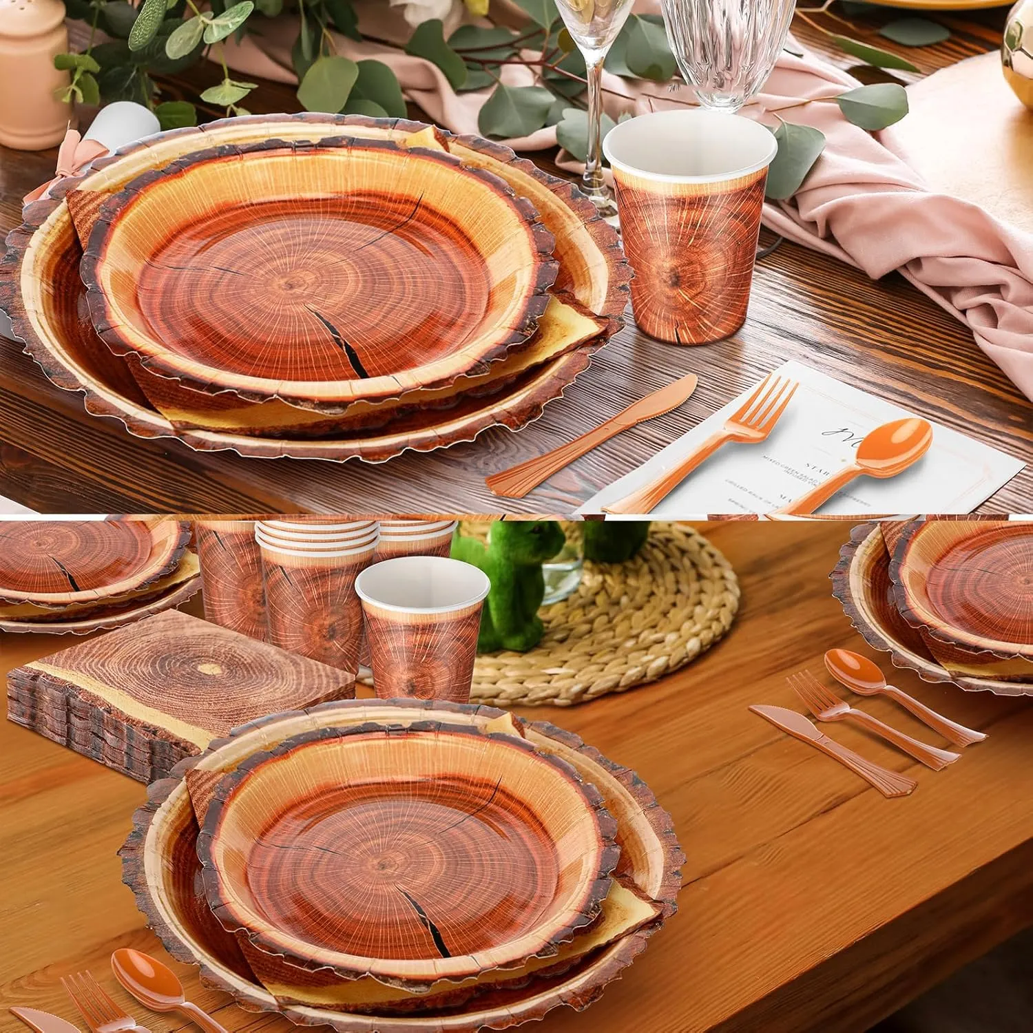 350 Pcs Camping Wood Grain Slice Tableware for 50 Guests Rustic Camo Hunter Plates Disposable Napkins Cups Plates Cutlery Hunting Plastic Knives Fork Spoon for Camping Party