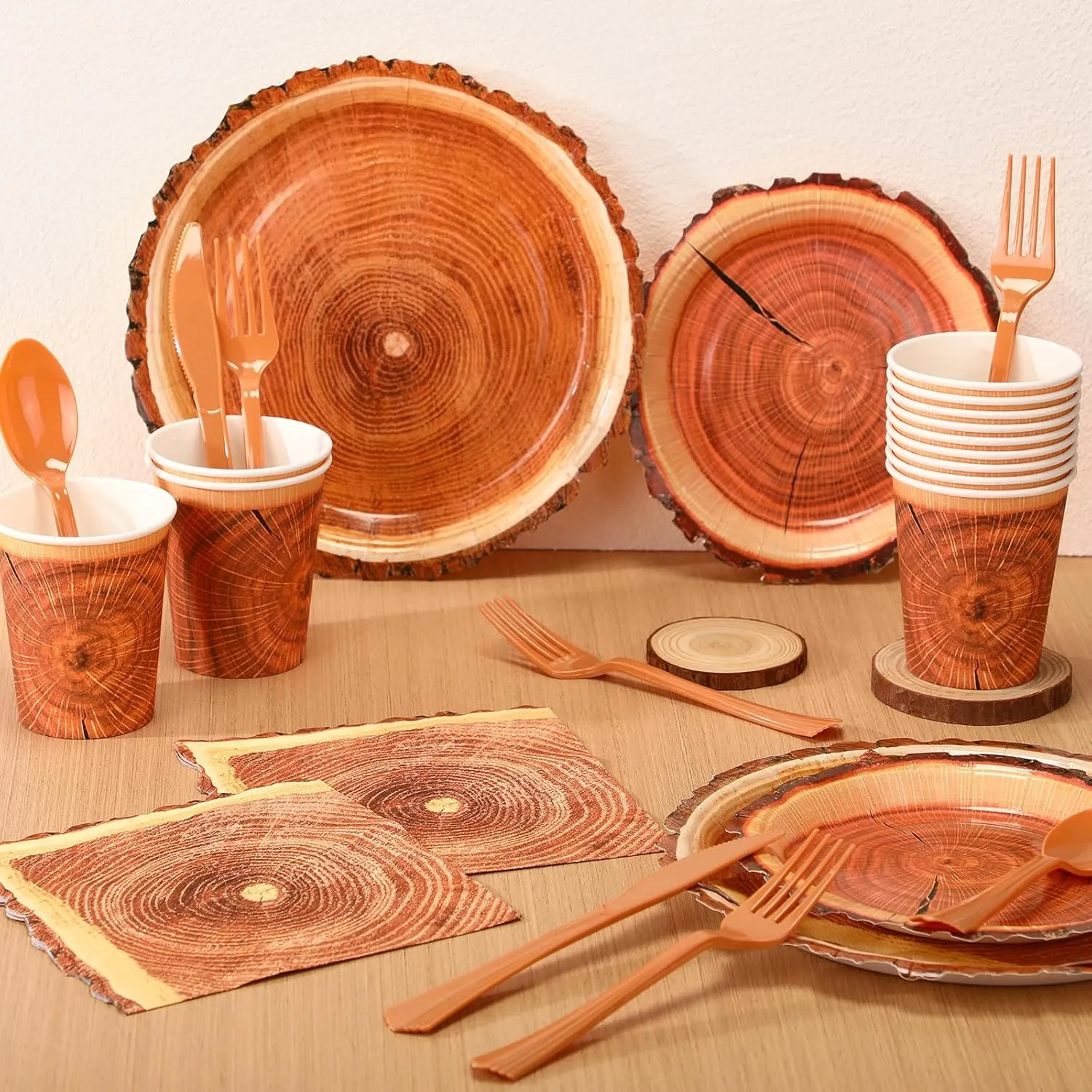 350 Pcs Camping Wood Grain Slice Tableware for 50 Guests Rustic Camo Hunter Plates Disposable Napkins Cups Plates Cutlery Hunting Plastic Knives Fork Spoon for Camping Party