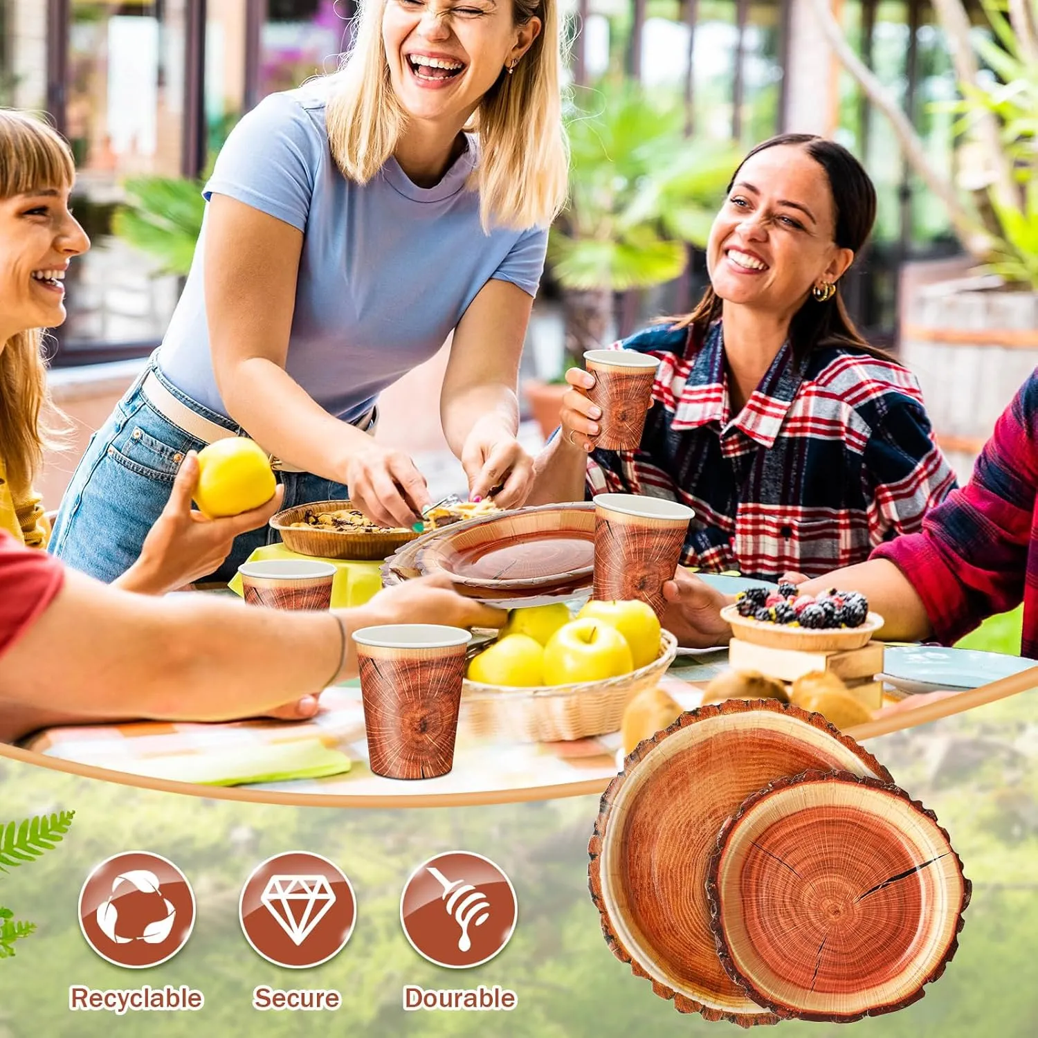 350 Pcs Camping Wood Grain Slice Tableware for 50 Guests Rustic Camo Hunter Plates Disposable Napkins Cups Plates Cutlery Hunting Plastic Knives Fork Spoon for Camping Party