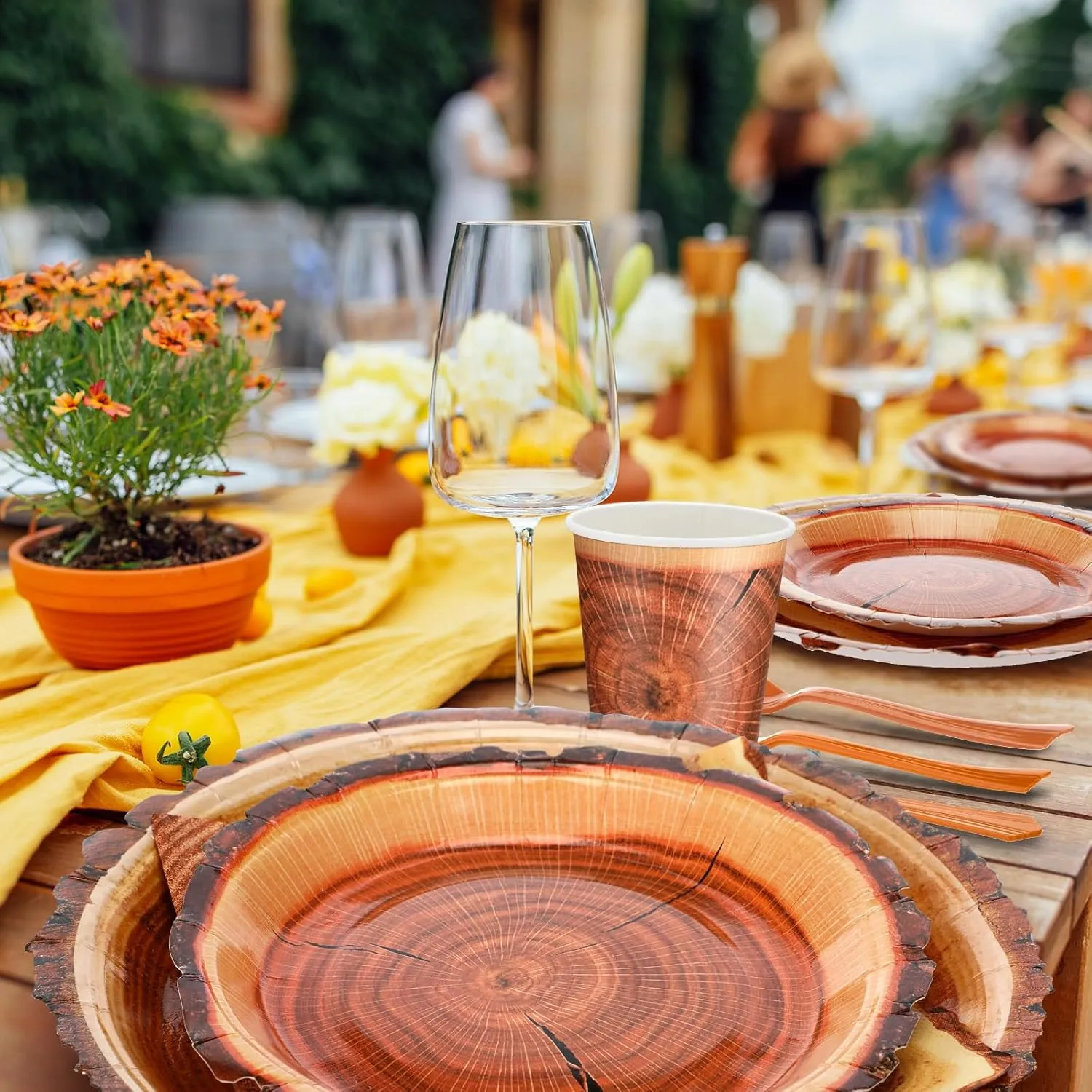 350 Pcs Camping Wood Grain Slice Tableware for 50 Guests Rustic Camo Hunter Plates Disposable Napkins Cups Plates Cutlery Hunting Plastic Knives Fork Spoon for Camping Party