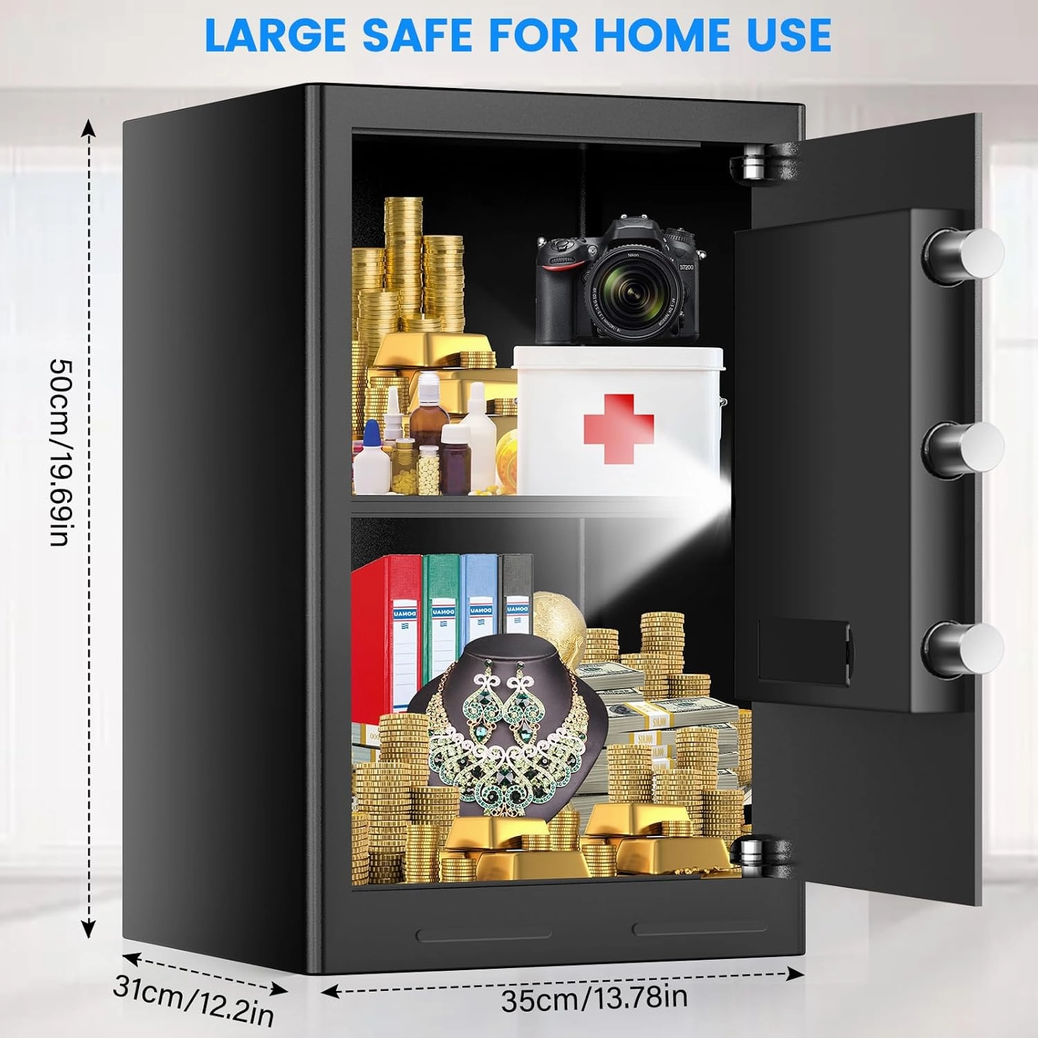3.0 Cub Large Safes for Home Use Fire and Water proof, Anti-theft Fireproof Safe with Electronic Keypad, Spare Keys and Alarm Systerm, Digital Home Security Safe Box for Documents Money Medicines