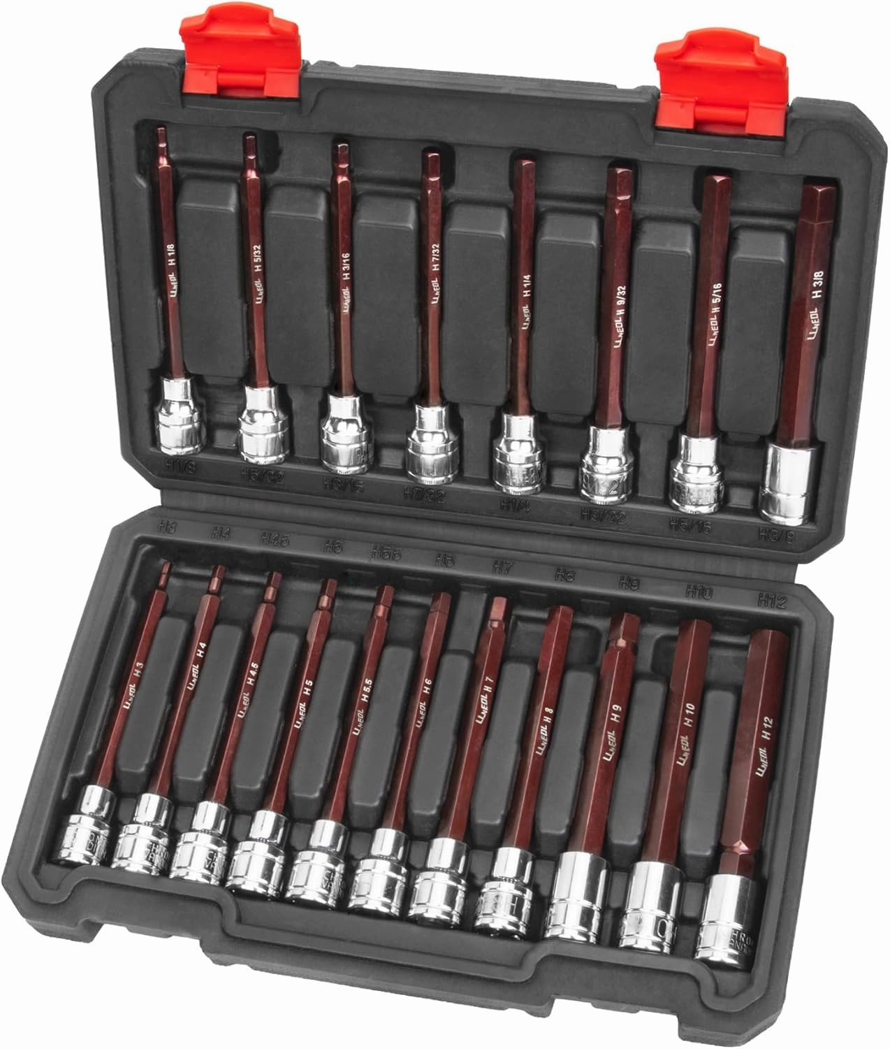3/8 Inch Drive Long Allen Hex Bit Socket Set, 19-Piece Hex Head Standard SAE & Metric Sockets (1/8"-3/8", 3-12mm), S2 Alloy Steel Durable Tools for Mechanics