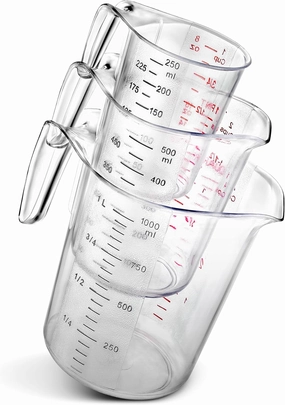 3 Piece Liquid Measuring Cup Set -1, 2 & 4 Cup capacity, Embossed Plastic Measuring Cups Set for Flour, Sugar, Oil & Water, Stackable & Dishwasher Safe, Ideal for Home & Professional Kitchens