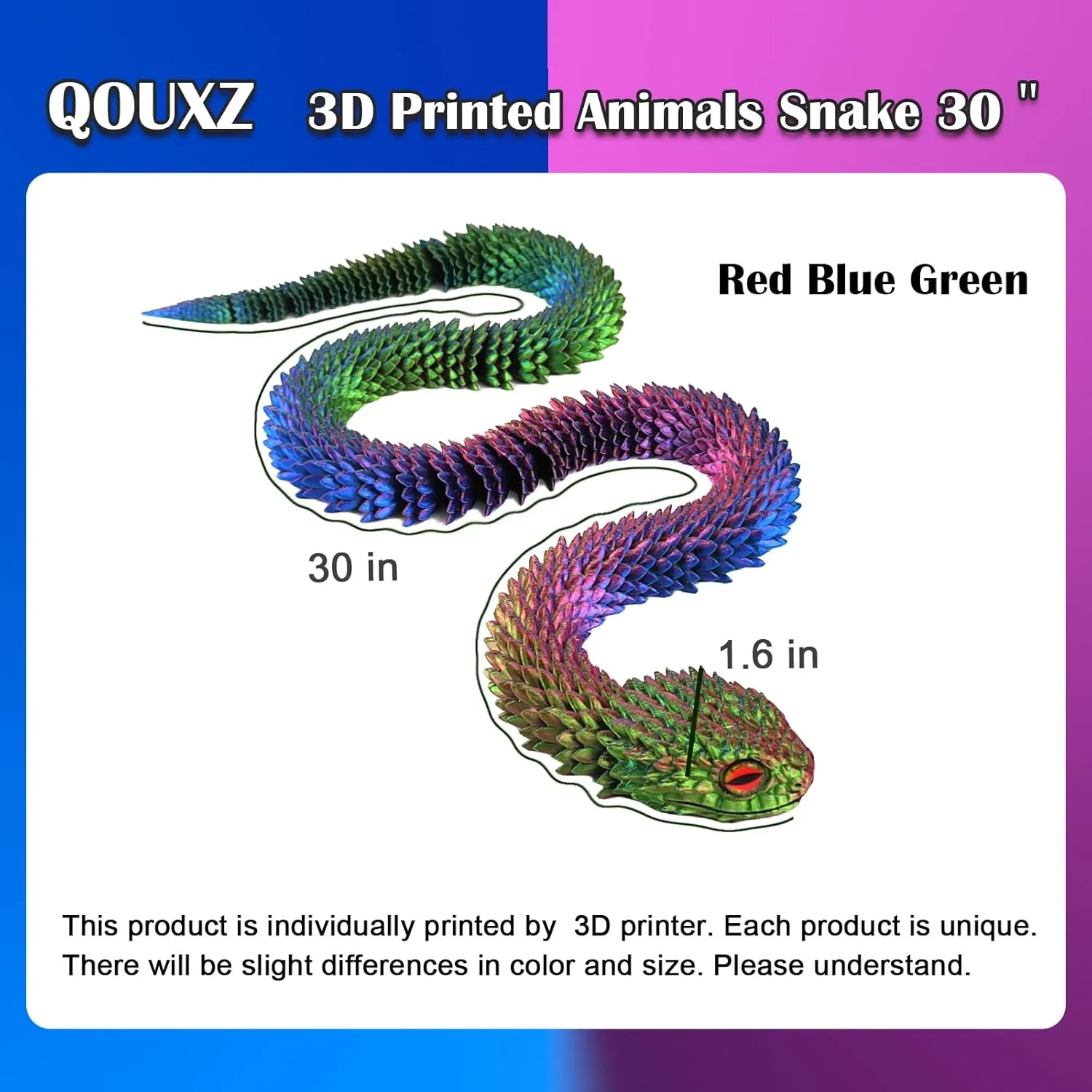 3D Printed Animals Snake, 30 Inch Surprise Mystery Fidget Anaconda Toy, Fake Python Statue with Realistic Eyes，3-D Print Articulated Viper Collectible for Home Office Executive Desk Decoration
