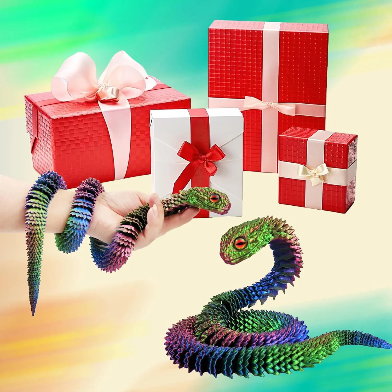 3D Printed Animals Snake, 30 Inch Surprise Mystery Fidget Anaconda Toy, Fake Python Statue with Realistic Eyes，3-D Print Articulated Viper Collectible for Home Office Executive Desk Decoration