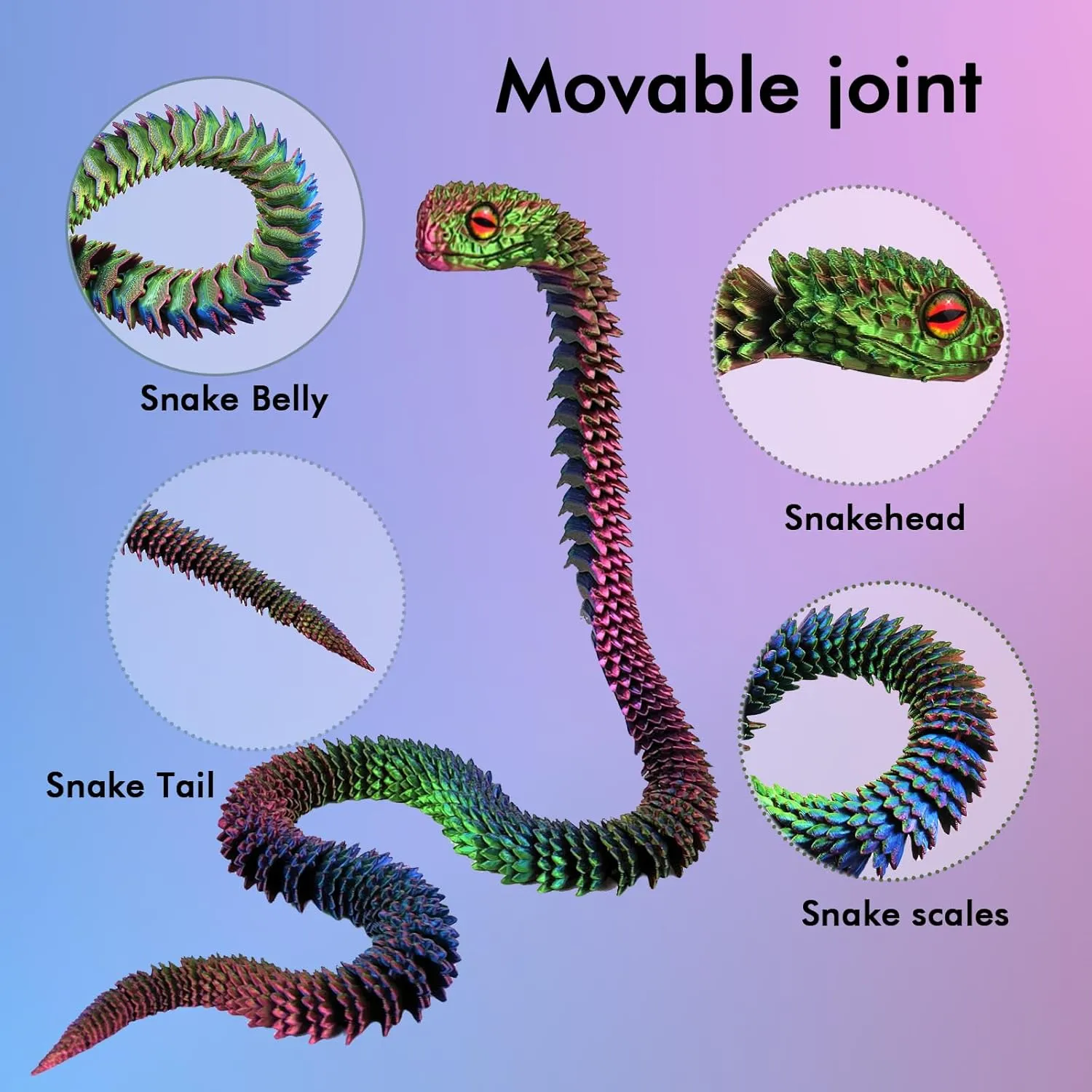 3D Printed Animals Snake, 30 Inch Surprise Mystery Fidget Anaconda Toy, Fake Python Statue with Realistic Eyes，3-D Print Articulated Viper Collectible for Home Office Executive Desk Decoration