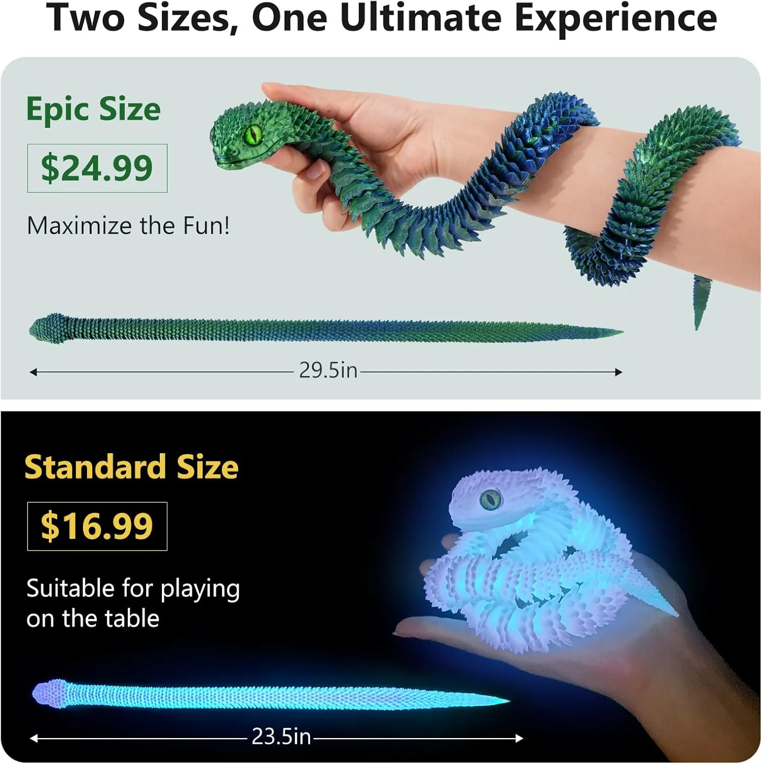 3D Printed Articulated Snake – 29.5'' Crystal-Like Movable Snake– Realistic Slithering Design, Collectible Articulated Model (Black Blue)