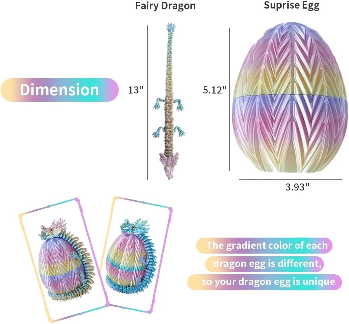 3D Printed Dragon Egg - Fidget Dragon Toy with Surprise Energy Stone Inside - Articulated Dragons - Flexible Joint Parts - Unique Figurines, Desk Decorations, Stocking Stuffers, Gifts for Kids