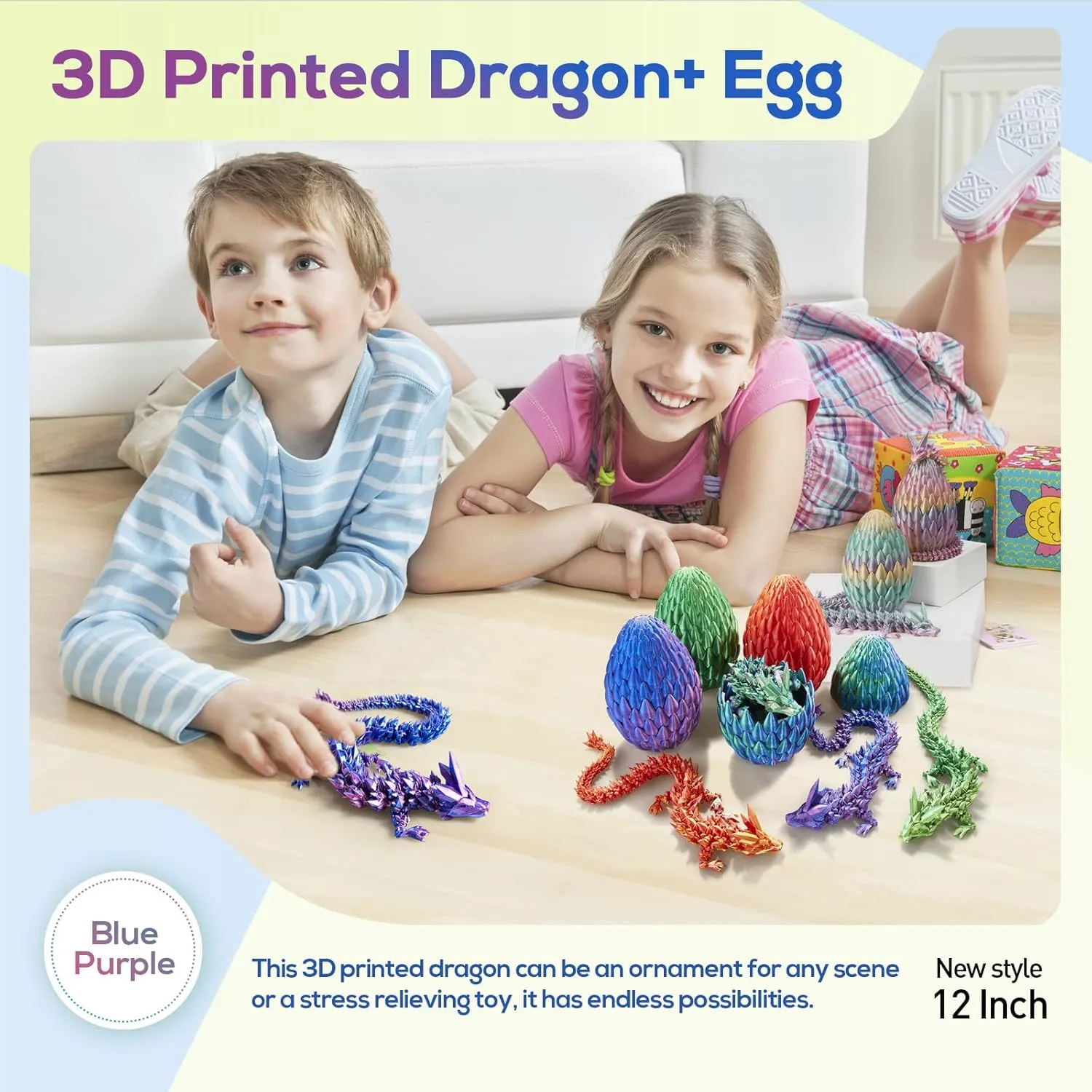 3D Printed Dragon,Dragon Eggs with Dragon Inside,Surprise Dragon Egg Toy,12'' Full Articulated Crystal 3D Dragon