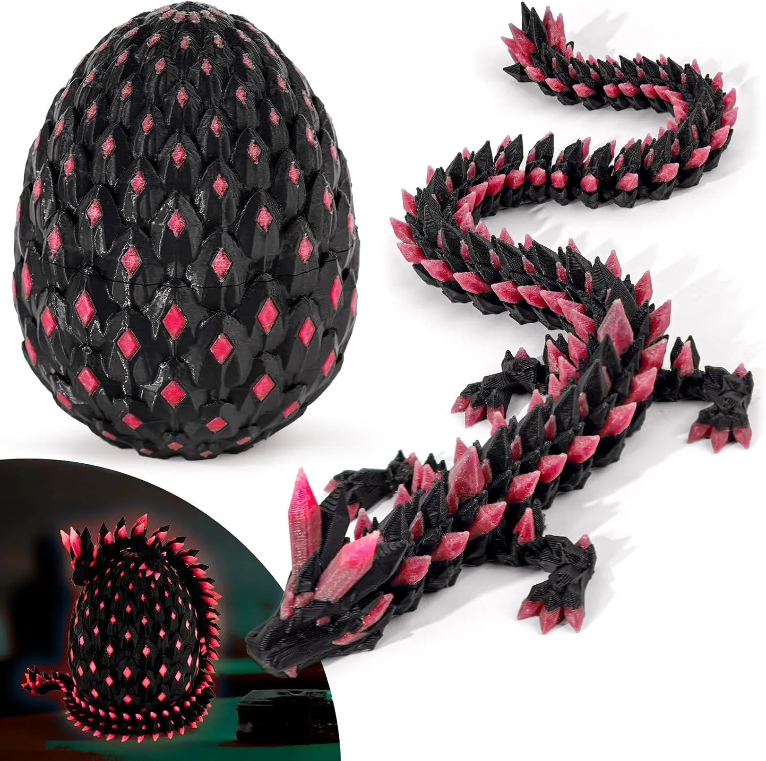 3D Printed Glow in The Dark Red Dragon with Egg – Articulated Fire Crystal Dragon Toy – 3D Printer Fantasy Collectible – Dragon Egg with Dragon Inside