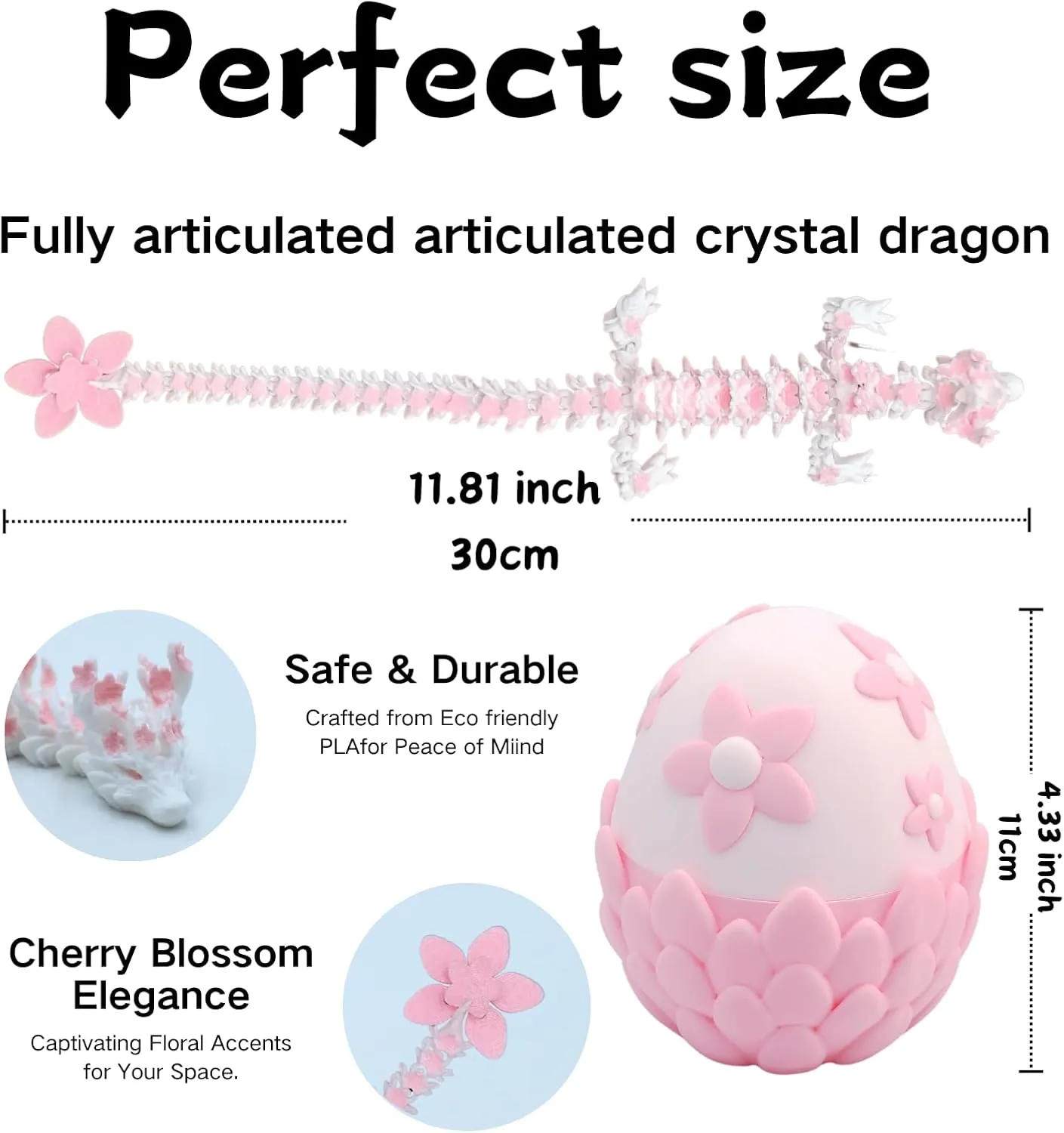 3D Printed Sakura Dragon & Dragon Egg – 11.8 Inch Realistic Articulated Dragon, Fidgeting Toys, Tabletop Decorations & Collectibles, Dragon Eggs with Dragon Inside (Pink-White)
