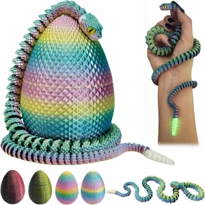 3D Printed Snake with Egg Set - 23.23Inch Flexible Articulated Snake with Luminous Tail, 3D Printed Animal Fake Snake Fidget Toys for Kids & Adults (Multicolored)