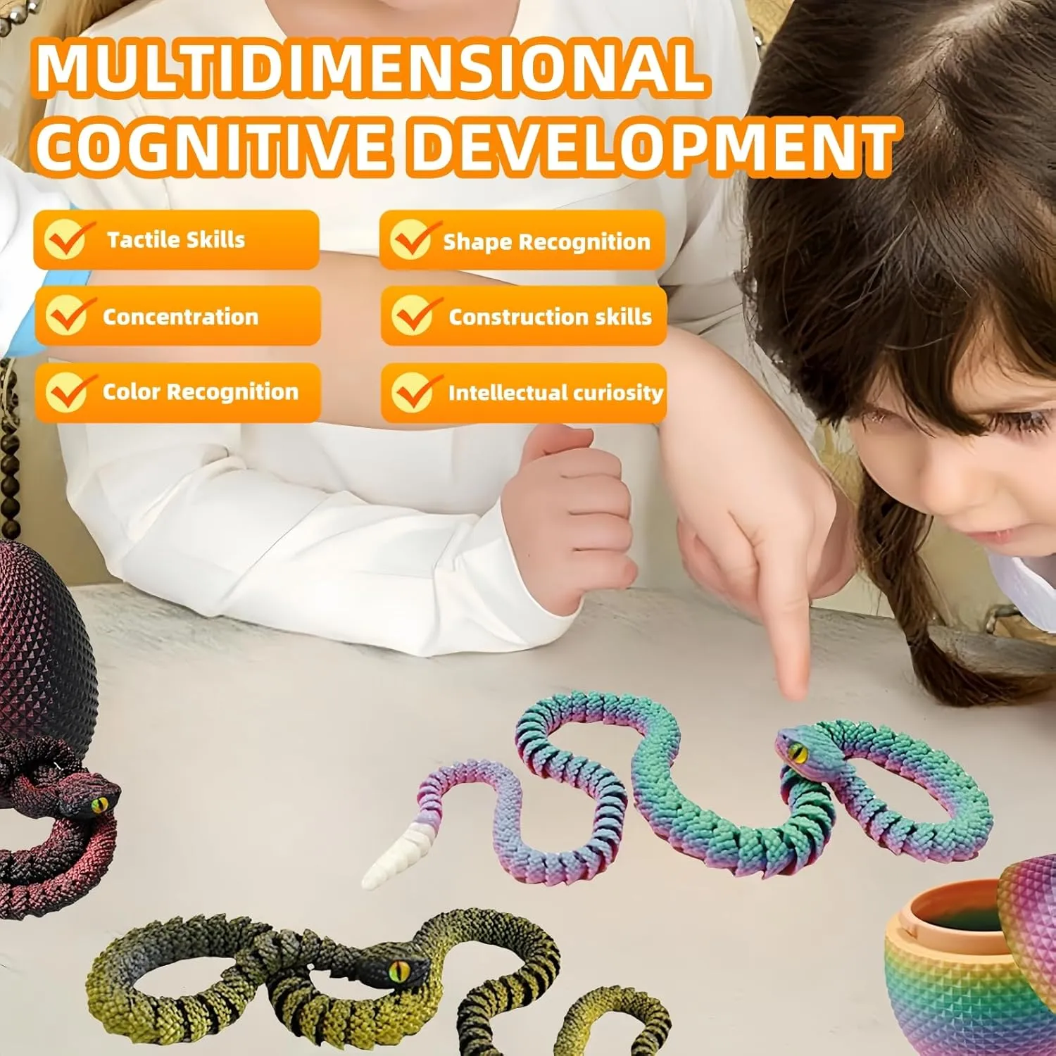 3D Printed Snake with Egg Set - 23.23Inch Flexible Articulated Snake with Luminous Tail, 3D Printed Animal Fake Snake Fidget Toys for Kids & Adults (Multicolored)
