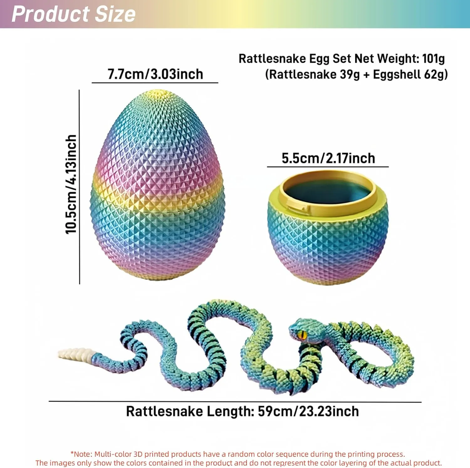 3D Printed Snake with Egg Set - 23.23Inch Flexible Articulated Snake with Luminous Tail, 3D Printed Animal Fake Snake Fidget Toys for Kids & Adults (Multicolored)