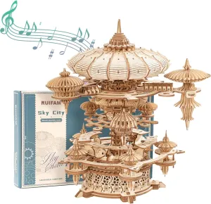 3D Wooden Puzzles for Adults, SkyCity Music Box Model Kit, 600  Pcs Cityscape Design, Challenging Mechanical DIY Craft, STEM Toy and Unique Gift for All Occasions