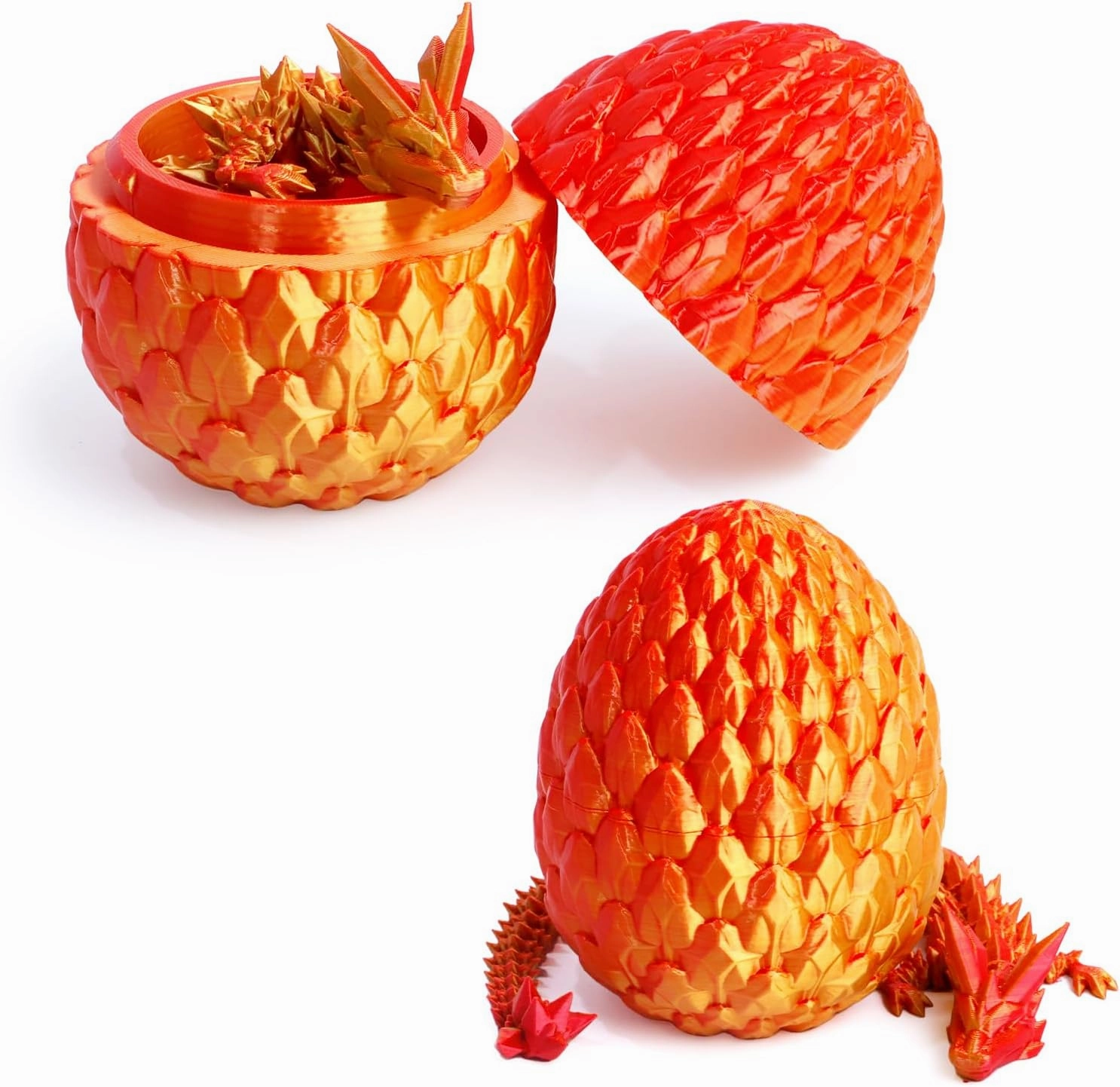 3D Printed Dragon Egg - 12 inch Dragon in Gemstone Egg, Easter Basket Stuffers, Flexible Fidget Toy, Executive Desk Pet, Figure Decor, Easter Egg(Red Mix Gold)