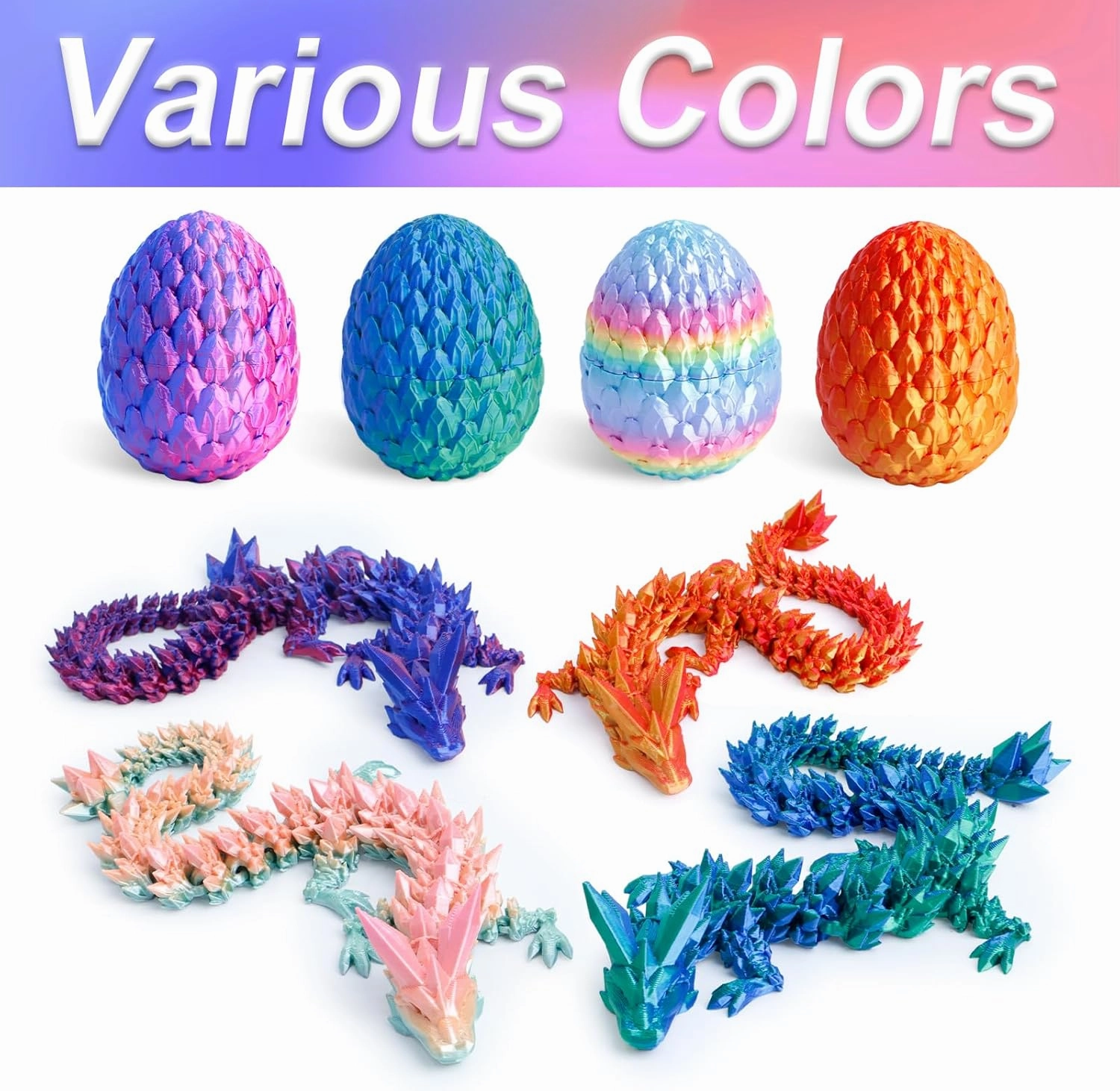 3D Printed Dragon Egg - 12 inch Dragon in Gemstone Egg, Easter Basket Stuffers, Flexible Fidget Toy, Executive Desk Pet, Figure Decor, Easter Egg(Red Mix Gold)