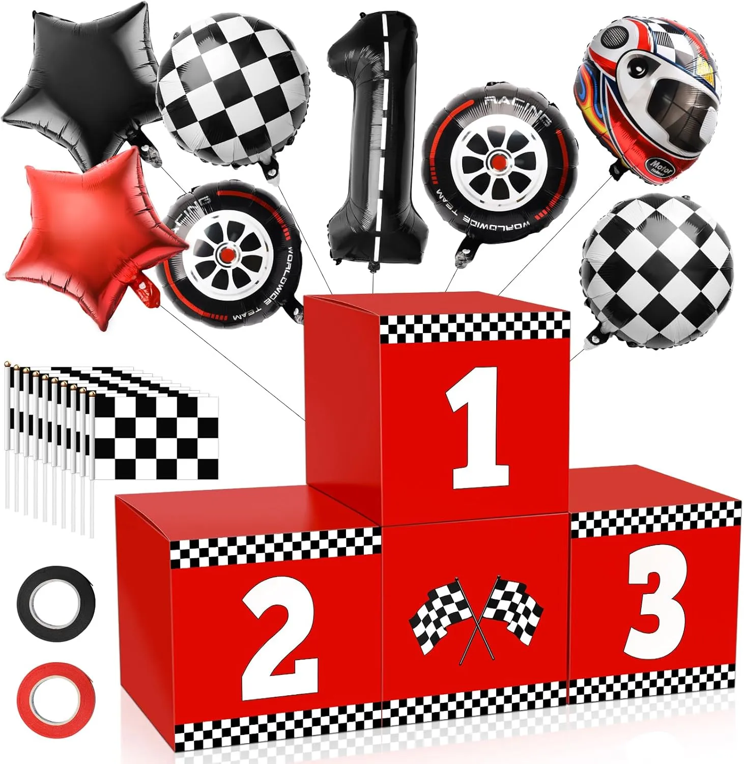 4 18 P Racing Car Party Boxes, Windspeed 4 Racecar Boxes for Racing Car Themed Birthday Party Fast One Birthday Decorations with 10 Checkered Flags 8 Race Car Theme Balloons