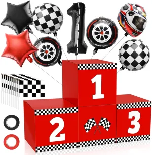 4 18 P Racing Car Party Boxes, Windspeed 4 Racecar Boxes for Racing Car Themed Birthday Party Fast One Birthday Decorations with 10 Checkered Flags 8 Race Car Theme Balloons