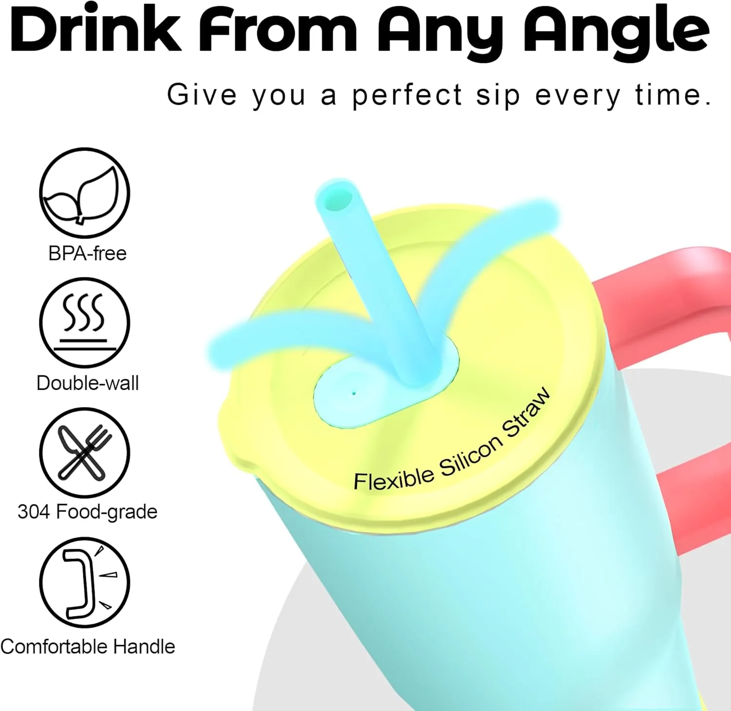 40 oz Tumbler with Handle and Straw for Her, Flexible Straw, Insulated Tumbler Cups with Silicone Bottom, Keeps Beverages Cold Up to 24 Hours, Gym/Work/Travel/School/Gift（Elegant Blue）