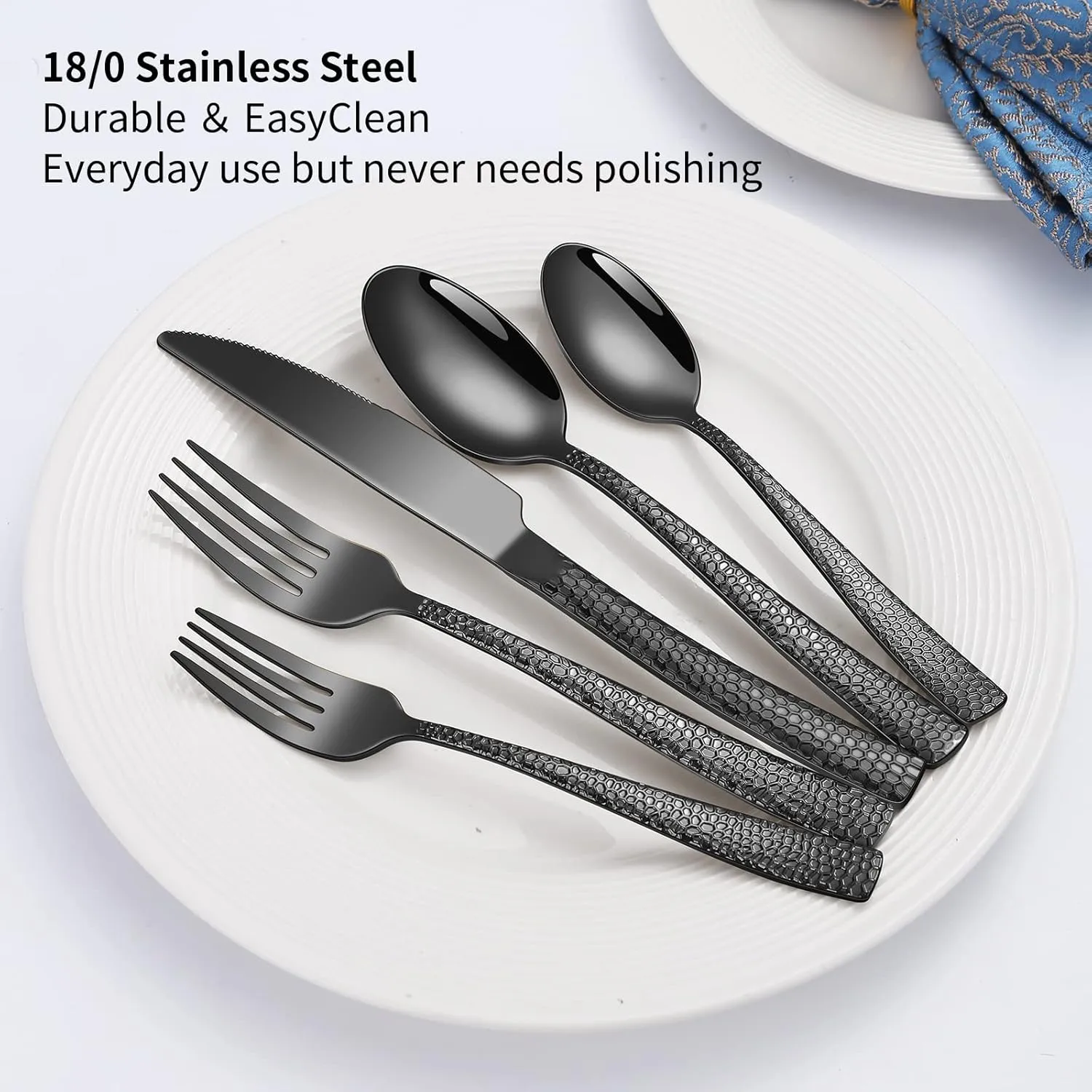 40-Piece Silverware Set, Black Hammered Stainless Steel Flatware Sets for 8, Food-Grade Tableware Set, Including Fork Knife Spoon Set, Durable Home Kitchen Cutlery Sets, Dishwasher Safe