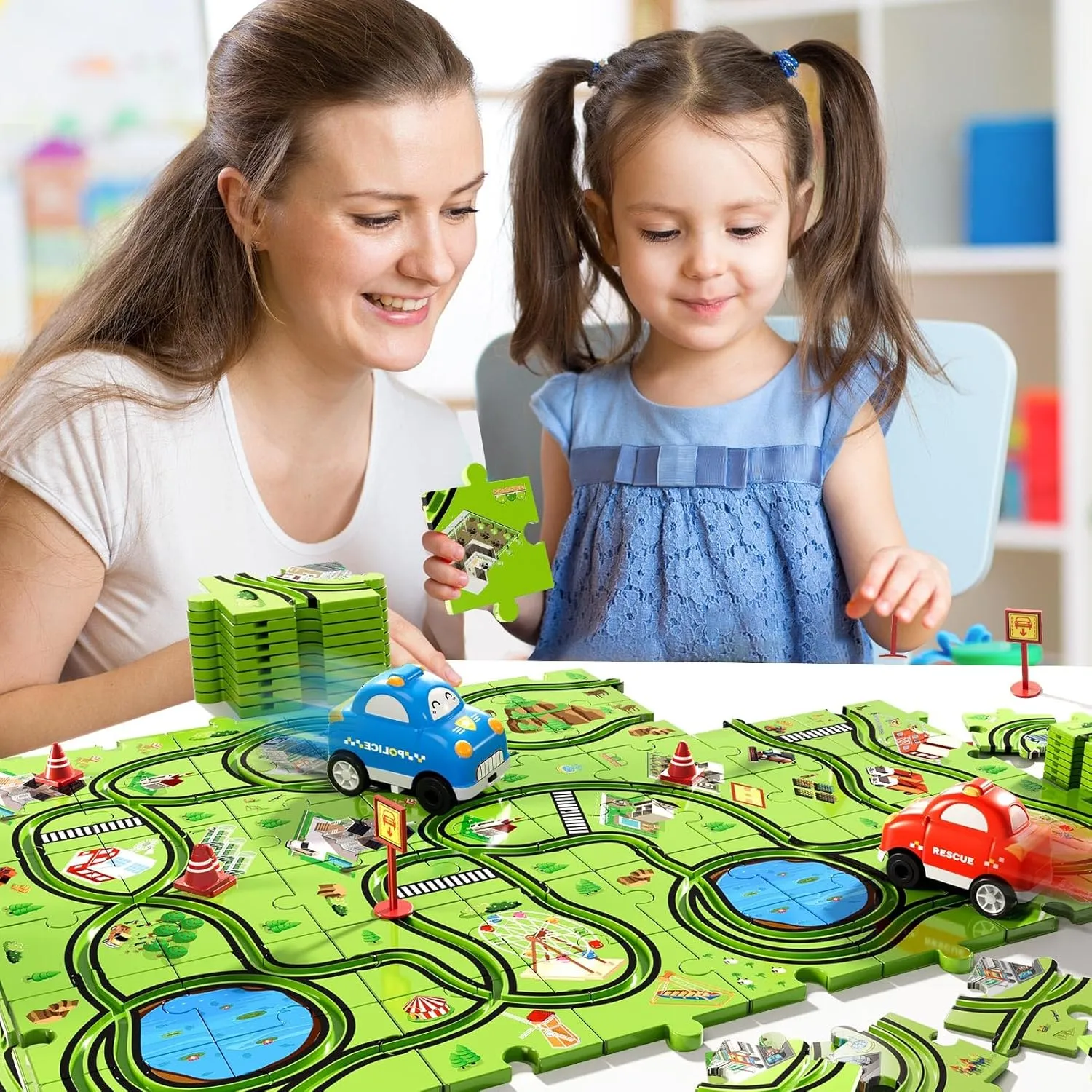 48 PCS Puzzle Race Track Car Set for Toddlers Kids Boys, Toddler Toys Gifts for 3 4 5 Year Old Boys and Girls, Puzzle Tracks Car Toys for Ages 3-5 4-6