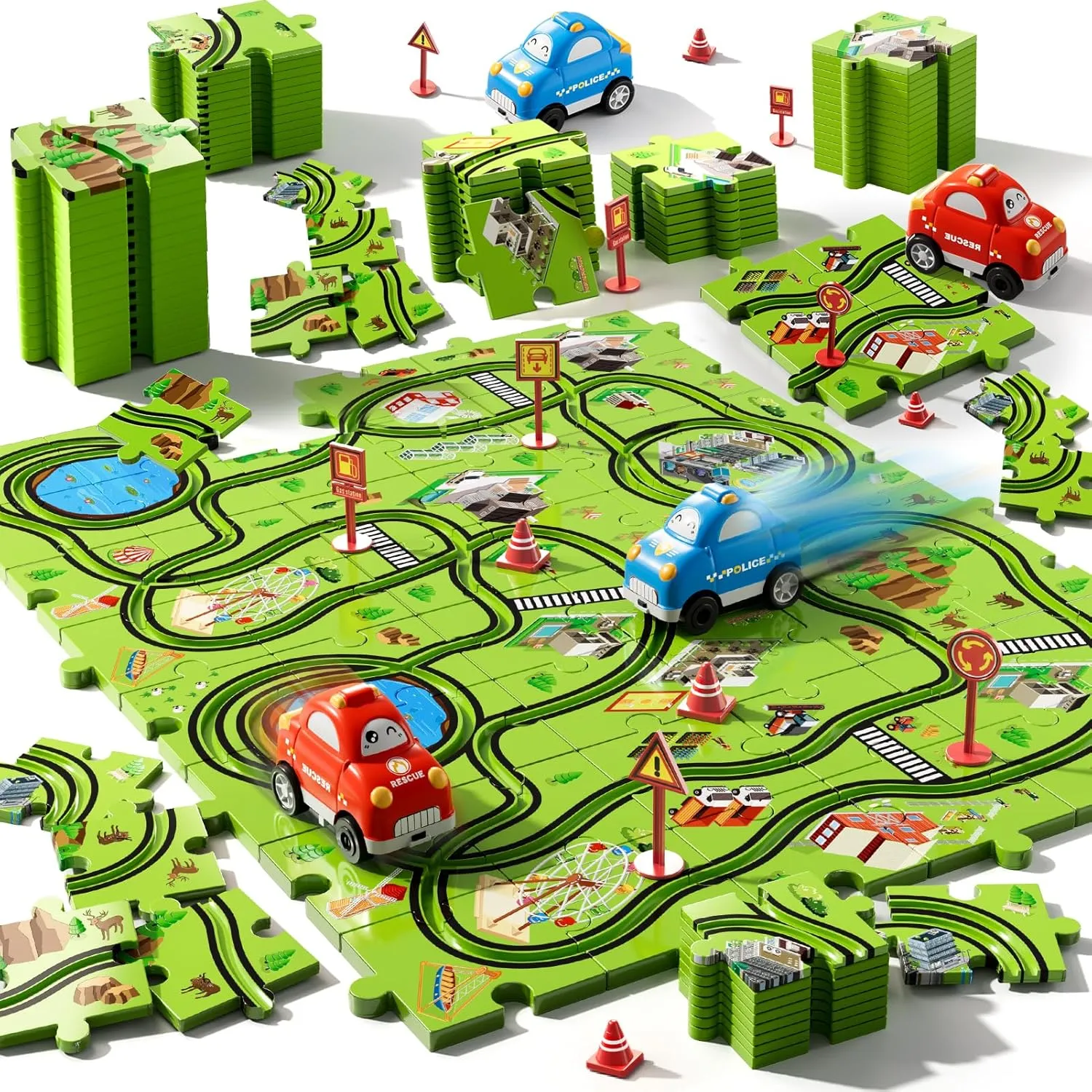 48 PCS Puzzle Race Track Car Set for Toddlers Kids Boys, Toddler Toys Gifts for 3 4 5 Year Old Boys and Girls, Puzzle Tracks Car Toys for Ages 3-5 4-6