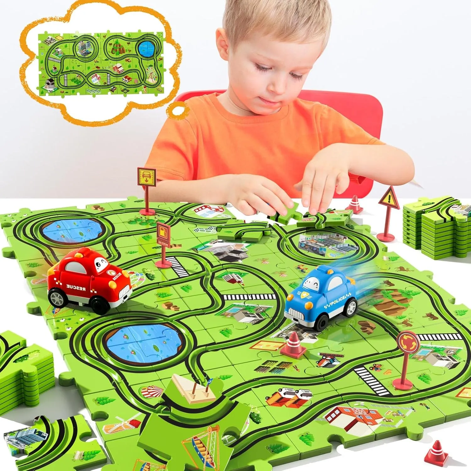 48 PCS Puzzle Race Track Car Set for Toddlers Kids Boys, Toddler Toys Gifts for 3 4 5 Year Old Boys and Girls, Puzzle Tracks Car Toys for Ages 3-5 4-6