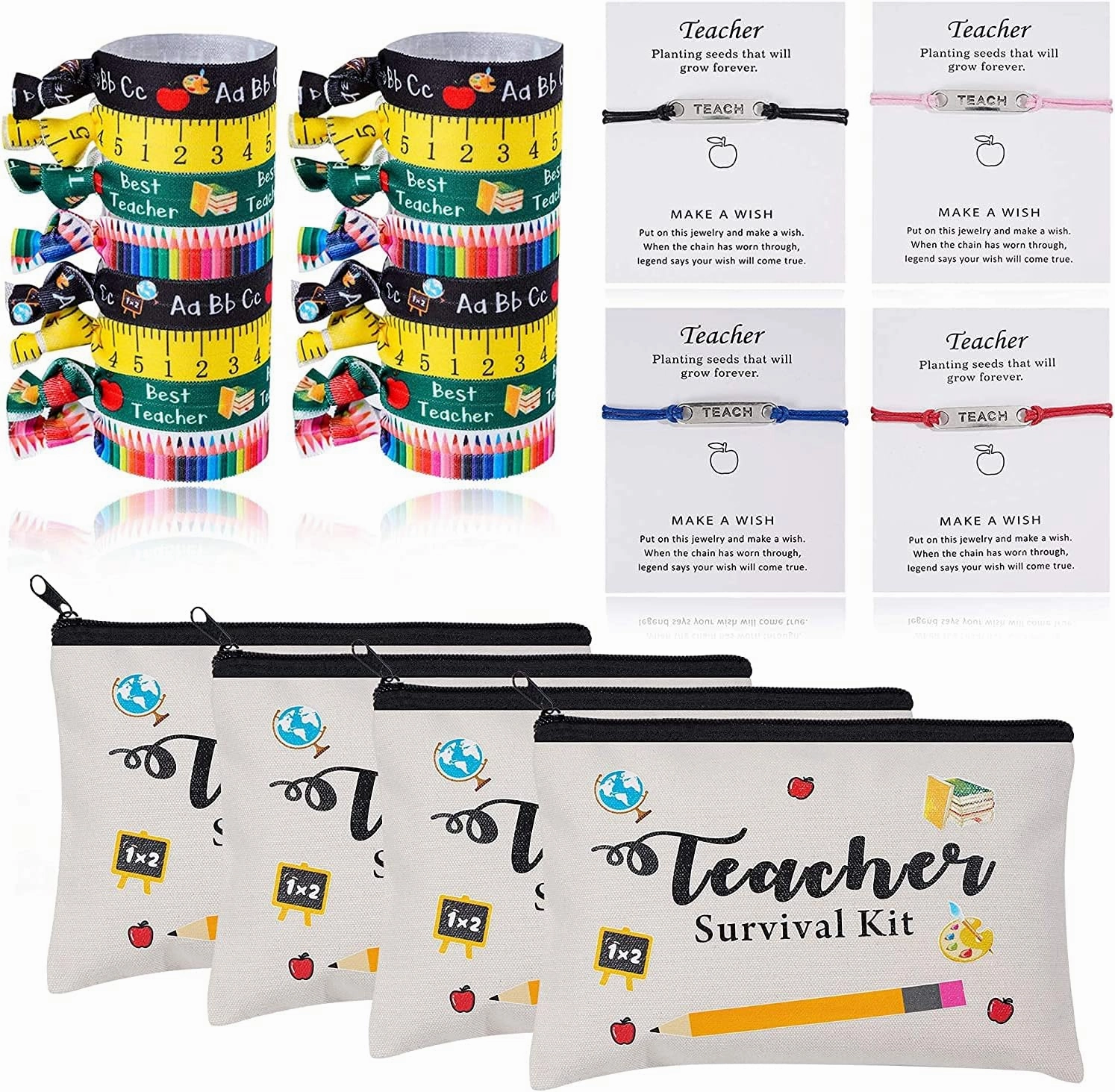 48pcs Teacher Appreciation Gifts 8 Makeup Pouch Cosmetic Bag and 8 Teach Blessing Card Bracelets with Greeting Card and 32 Teacher Hair Ties No Crease Ribbon Hair Ties Elastic Ponytail Holder