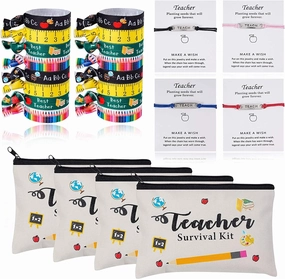 48pcs Teacher Appreciation Gifts 8 Makeup Pouch Cosmetic Bag and 8 Teach Blessing Card Bracelets with Greeting Card and 32 Teacher Hair Ties No Crease Ribbon Hair Ties Elastic Ponytail Holder