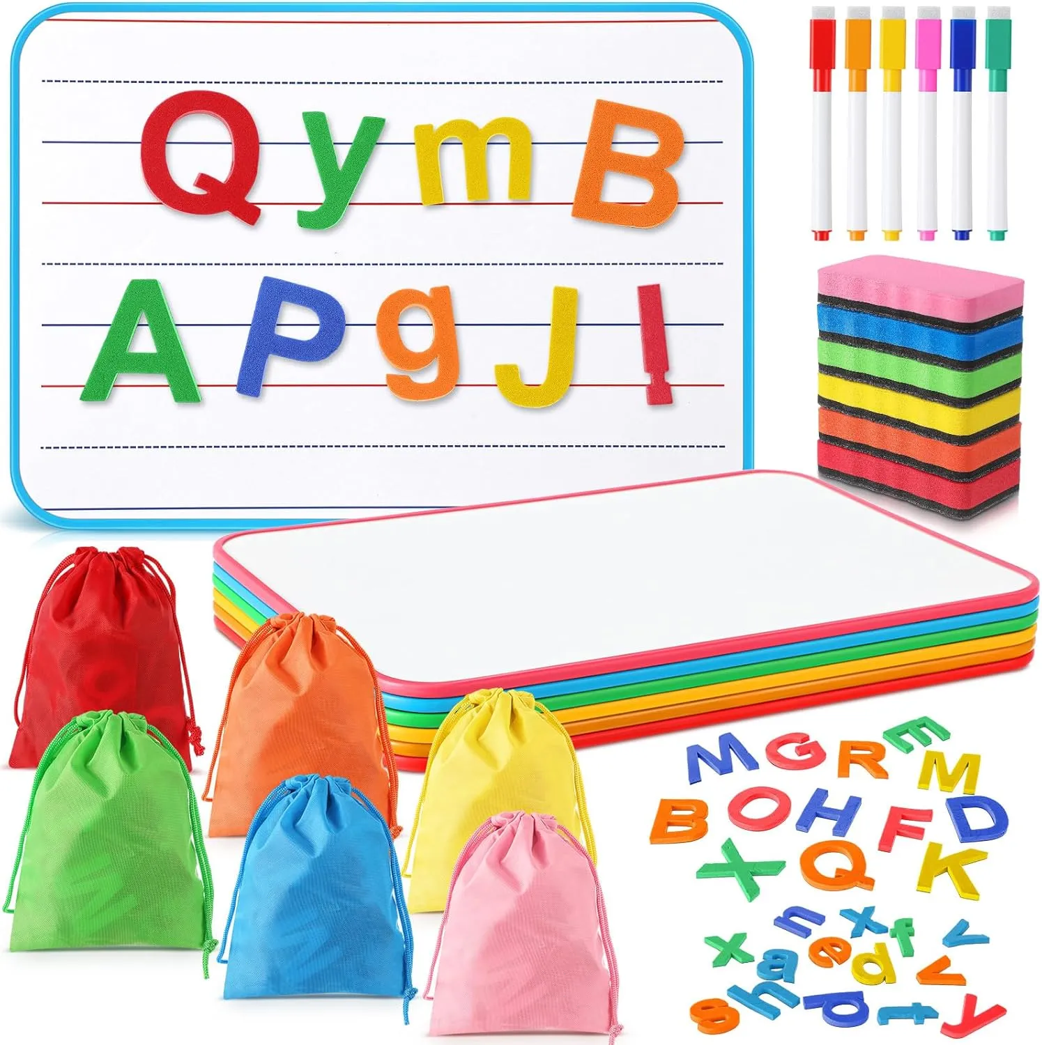 492 Pcs Magnetic Board and Letters Set - 468 Pcs EVA Magnetic Alphabet Letters with 6 Storage Bags, 6 Double Sided Erase Ruled Lap Boards, 6 Whiteboard Pen and 6 Erasers for Learning